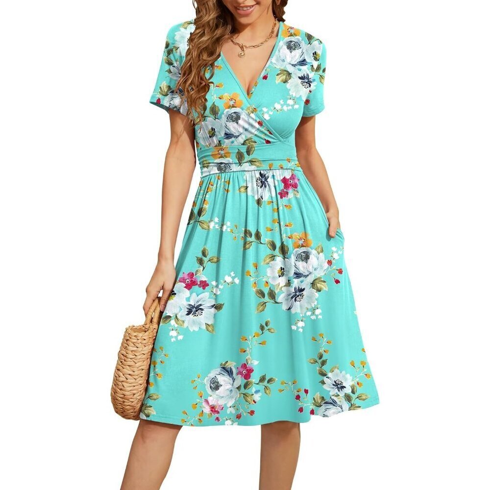 Women Mint Green Short Sleeve V-Neck Floral Stretchy Party Dress with Pockets